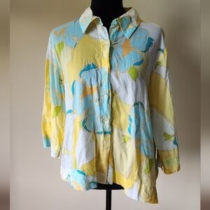 J.H. Collection Yellow/Blue Floral Blouse 100% Cotton Women's Size XL.